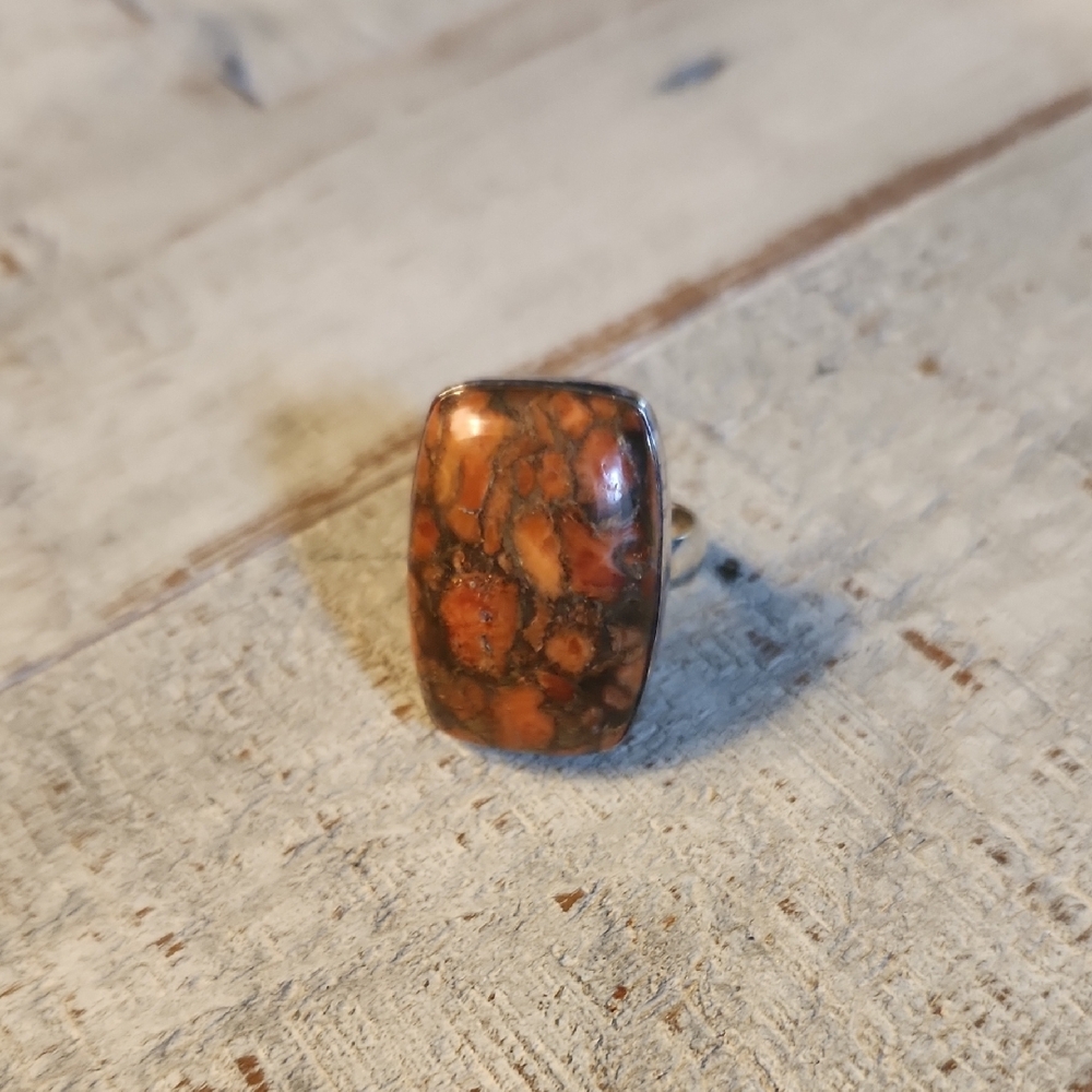 Red Copper Turquoise Size 9 .925 Sterling,Amber Orange and Brown Statement Ring - Picture 3 of 4
